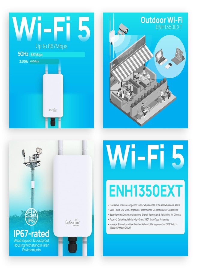 إن جنيس نقطة وصول خارجية EnGenius ENH1350EXT بتقنية Wi-Fi 5 AC1300 - مقاومة للماء بمعيار IP67، موسع نطاق ثنائي النطاق طويل المدى، MU-MIMO، محقن PoE ومجموعة تركيب مرفقة - Image 2
